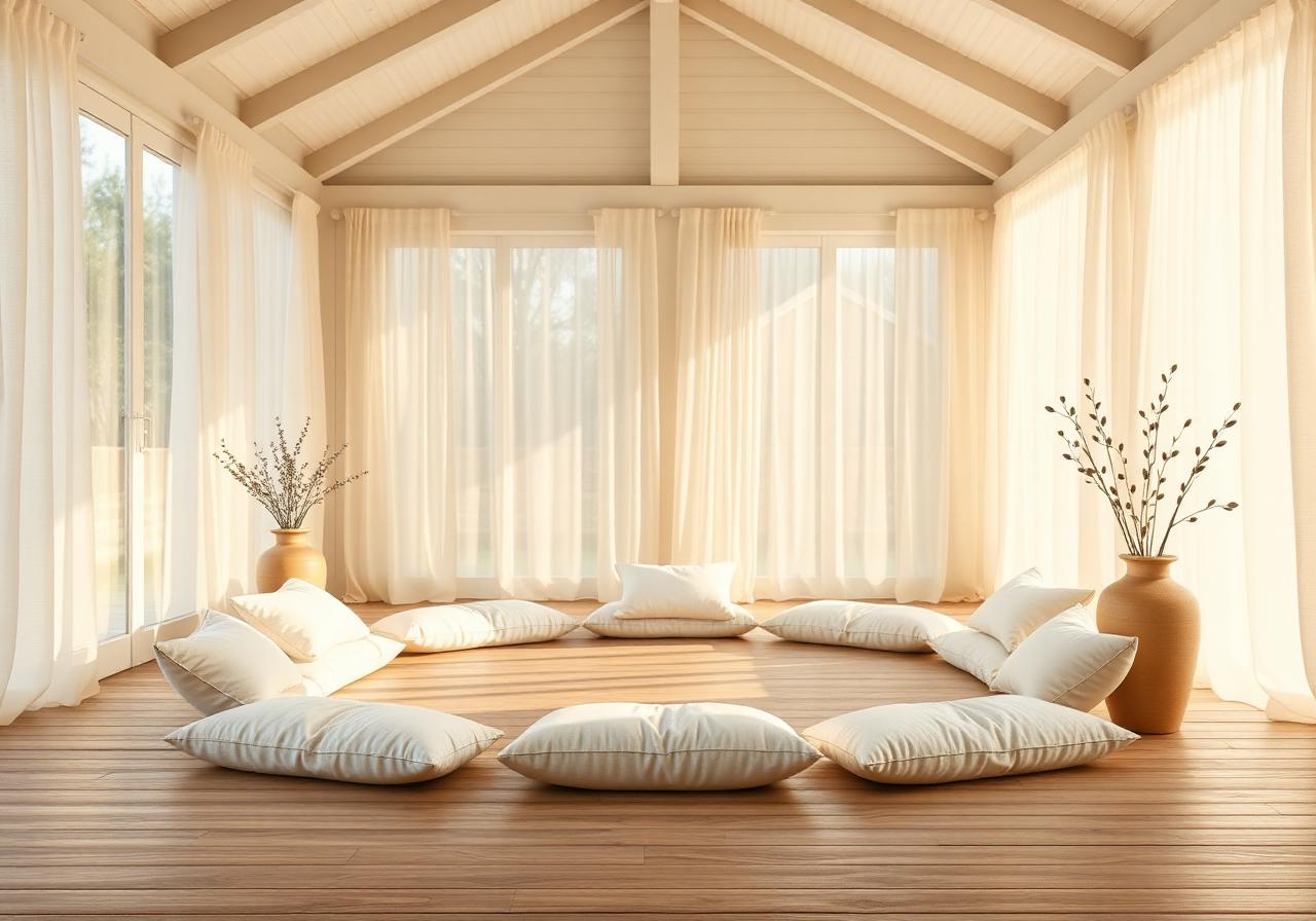 A sun-drenched pavilion with linen cushions arranged in a circle